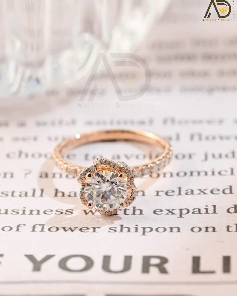 Discover elegance with our Solitaire Round Cut Moissanite Engagement Ring, featuring a unique Flower Halo and Hidden Halo setting. Perfect for a timeless proposal.
