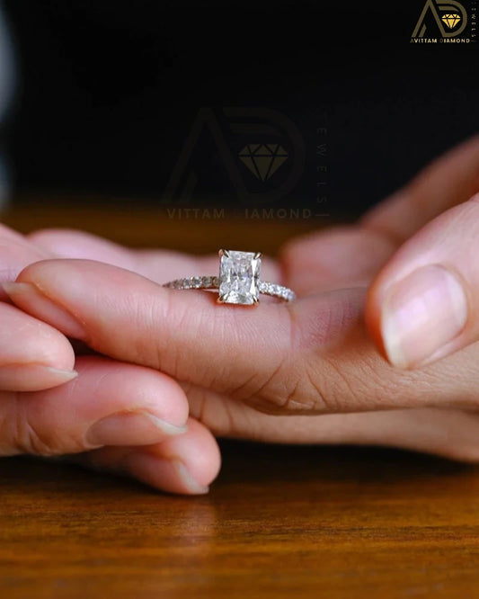Radiant Cut Moissanite Ring – Pavé Band & Hidden Halo Design