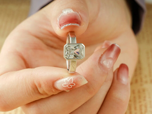 radiant cut moissanite ring | bezel solitaire ring | white gold moissanite
