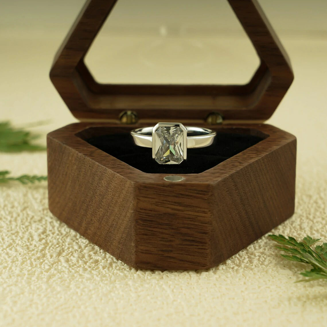 radiant cut moissanite ring | bezel solitaire ring | white gold moissanite
