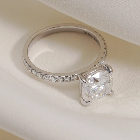 Cushion Cut Sparkle | Half Pavé Gold Band | Moissanite Glow
