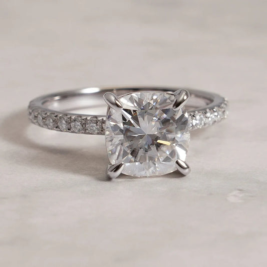 Cushion Cut Sparkle | Half Pavé Gold Band | Moissanite Glow