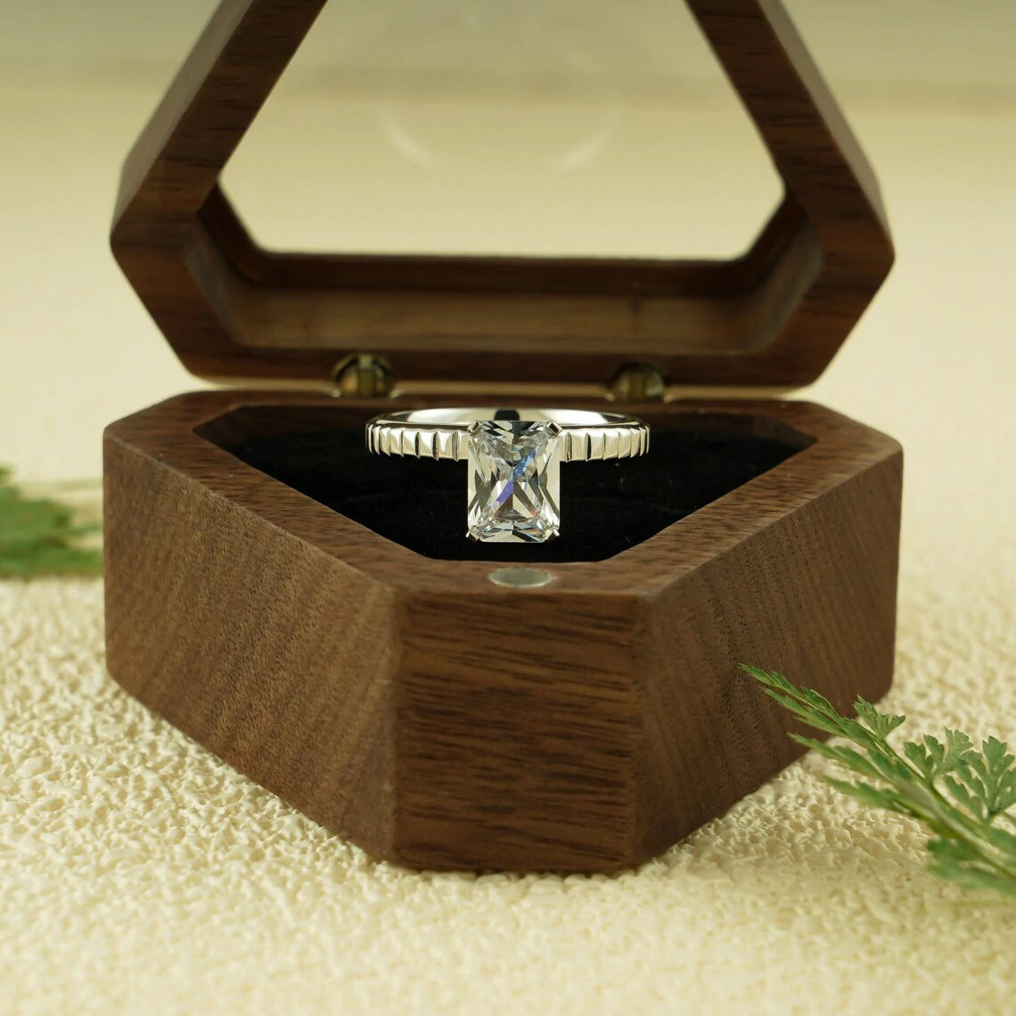 radiant cut moissanite ring | solitaire moissanite ring | grooved band ring
