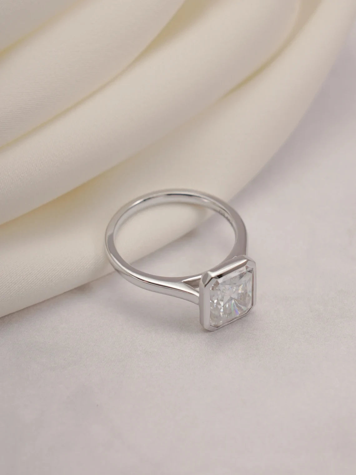 moissanite solitaire band | radiant bezel engagement | radiant lab ring