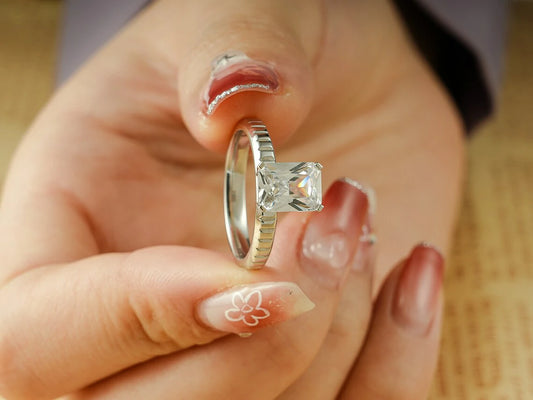 radiant cut moissanite ring | solitaire moissanite ring | grooved band ring