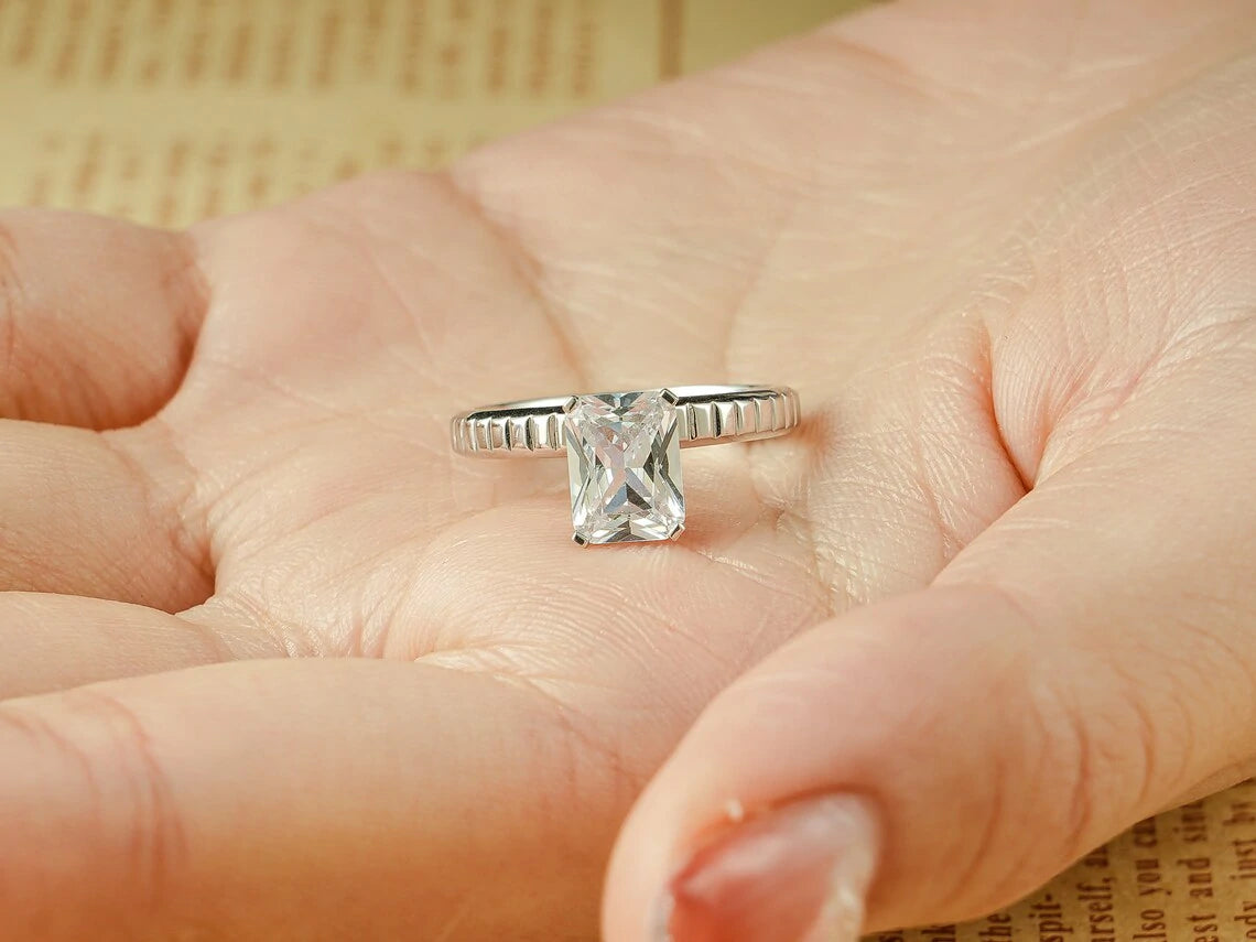 silver moissanite solitaire | radiant moissanite jewelry | moissanite solitaire band