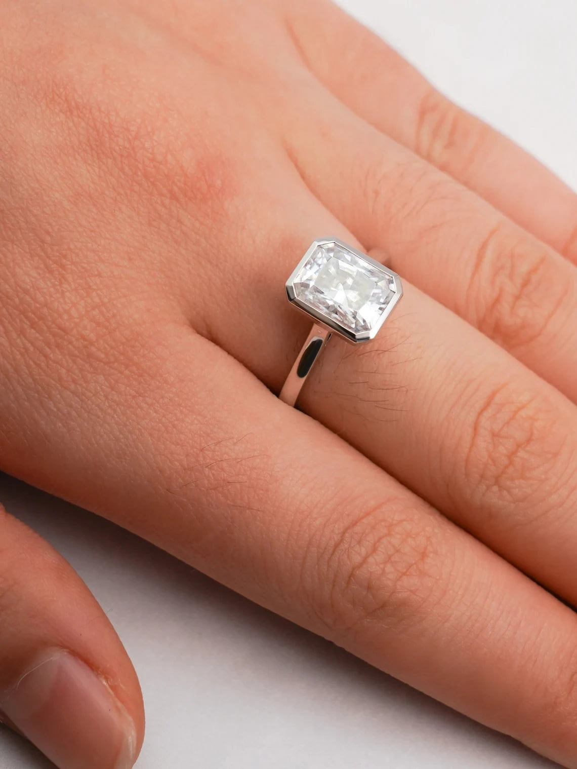 white metal moissanite ring | radiant cut proposal ring | modern solitaire ring