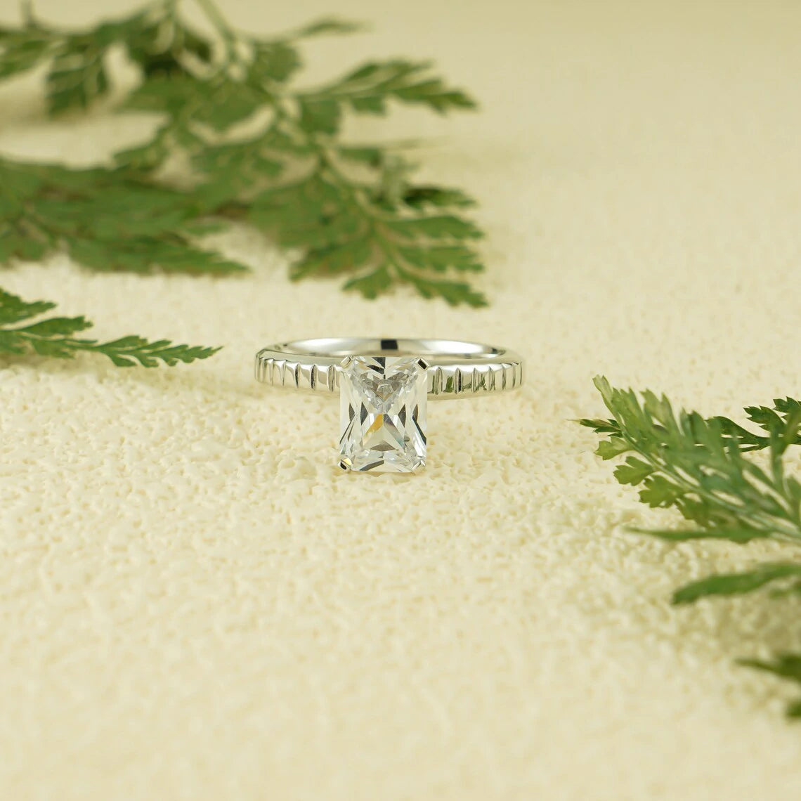 grooved engagement ring | radiant cut proposal ring | timeless moissanite ring