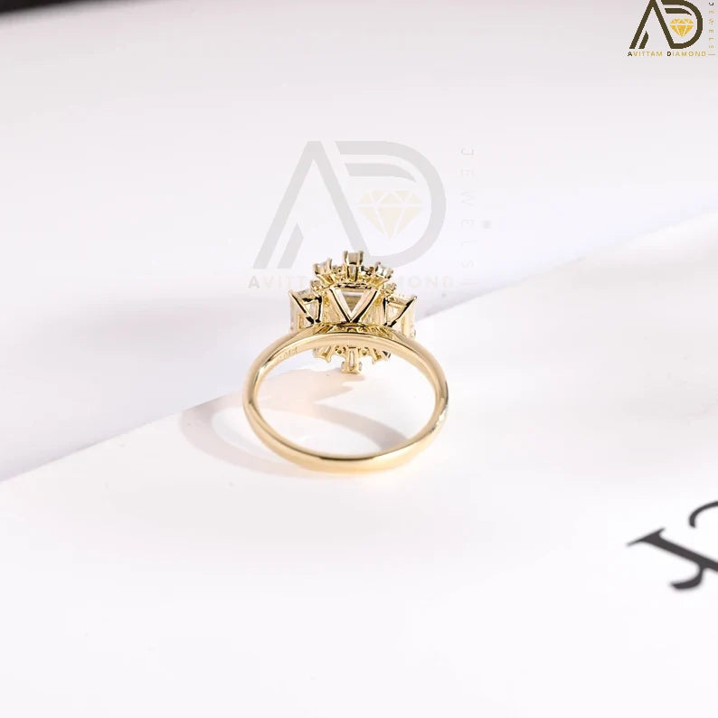 Elegant Solid Gold Bridal Ring | Unique Flower Cluster Engagement Band | Beautiful Emerald Cut Anniversary Ring