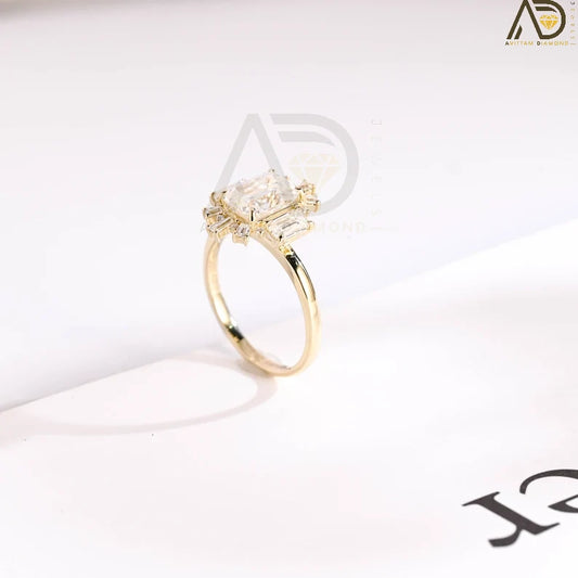 Emerald Cut Moissanite Ring | Flower Cluster Engagement Ring | Vintage Floral Moissanite Band