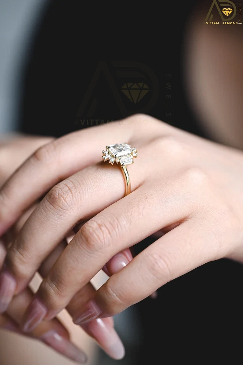 Elegant Floral Inspired Jewelry | Stunning Solid Gold Engagement Band | Stylish Emerald Cut Wedding Band
