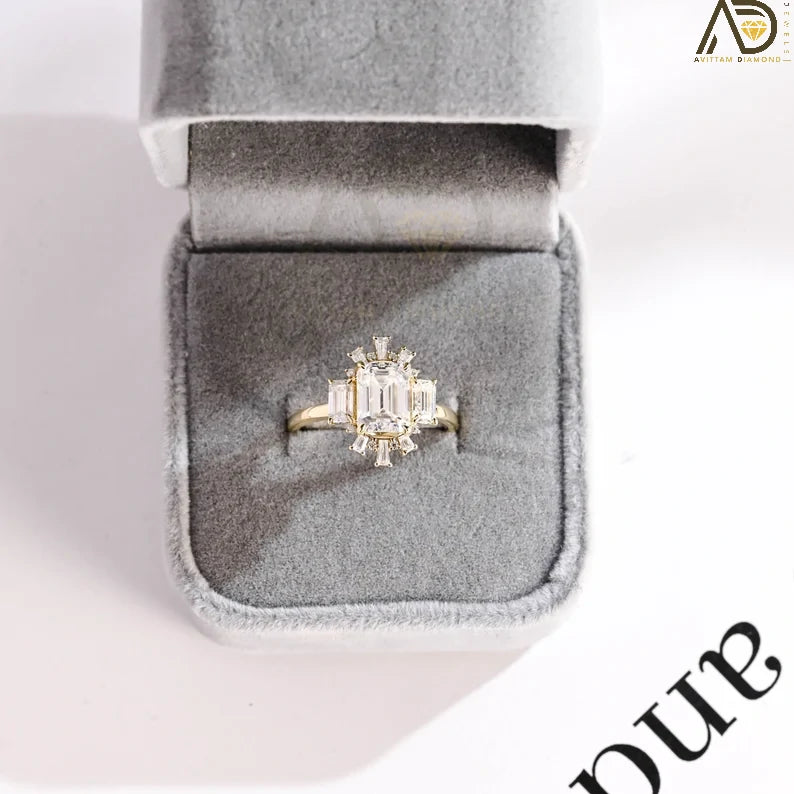 Emerald Cut Moissanite Ring | Flower Cluster Engagement Ring | Vintage Floral Moissanite Band