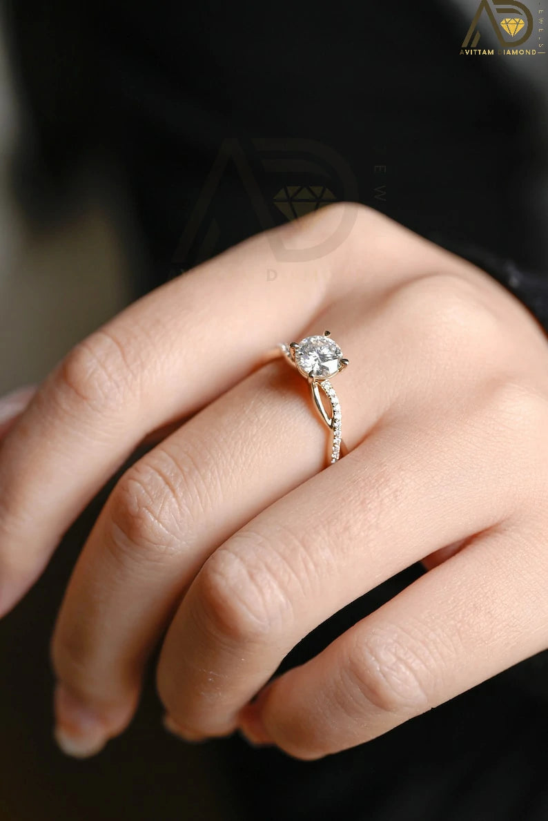 Twisted Moissanite Ring | Round Cut Gold Band | Promise Love Ring