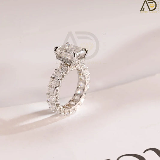 4CT Emerald Cut Moissanite Ring | 4mm Wide Band Engagement Ring | Hidden Halo Moissanite Band