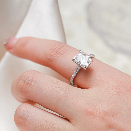 radiant moissanite ring | halo engagement ring | white gold moissanite