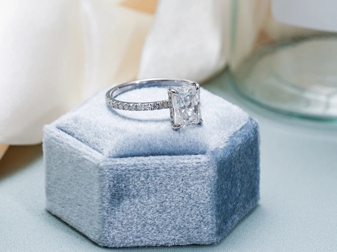 pave band ring | radiant halo ring | white metal engagement ring