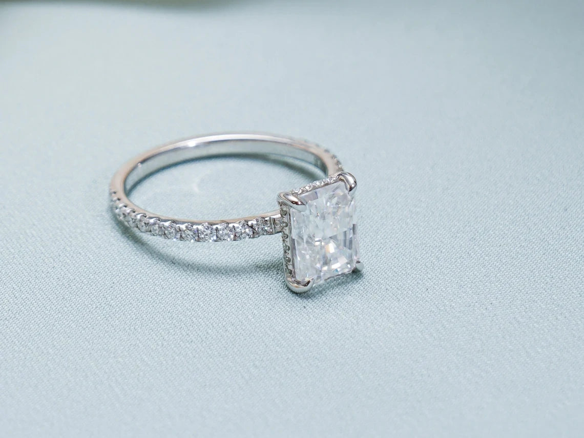 lab grown diamond ring | radiant moissanite solitaire | radiant cut ring
