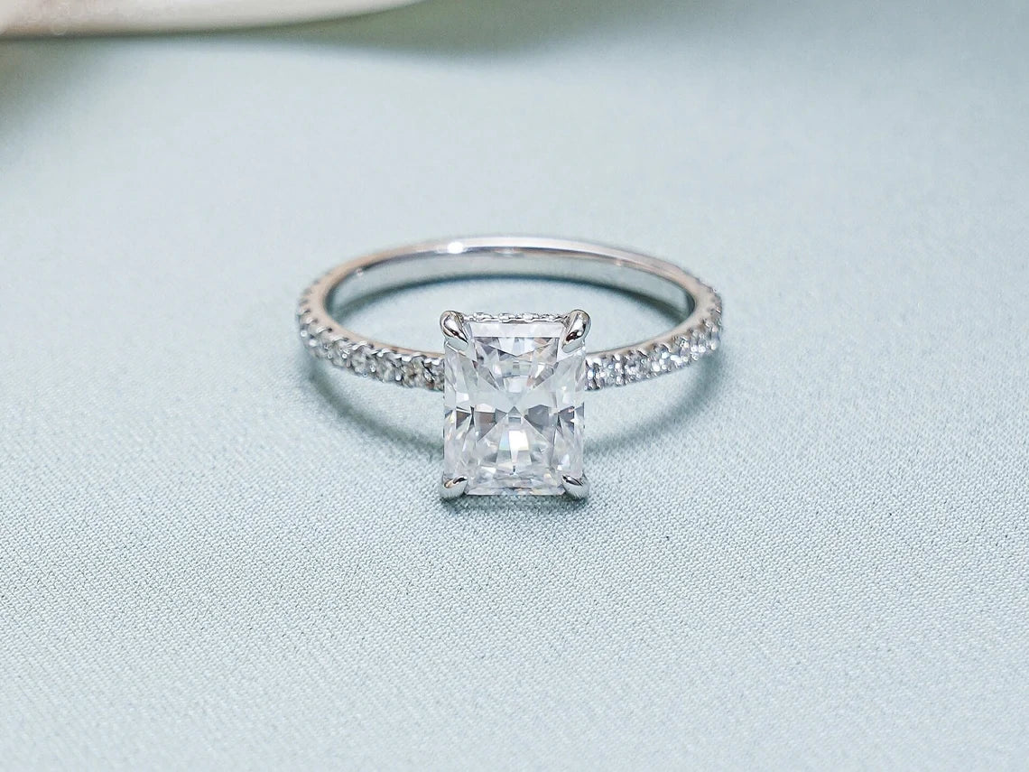 radiant moissanite ring | halo engagement ring | white gold moissanite