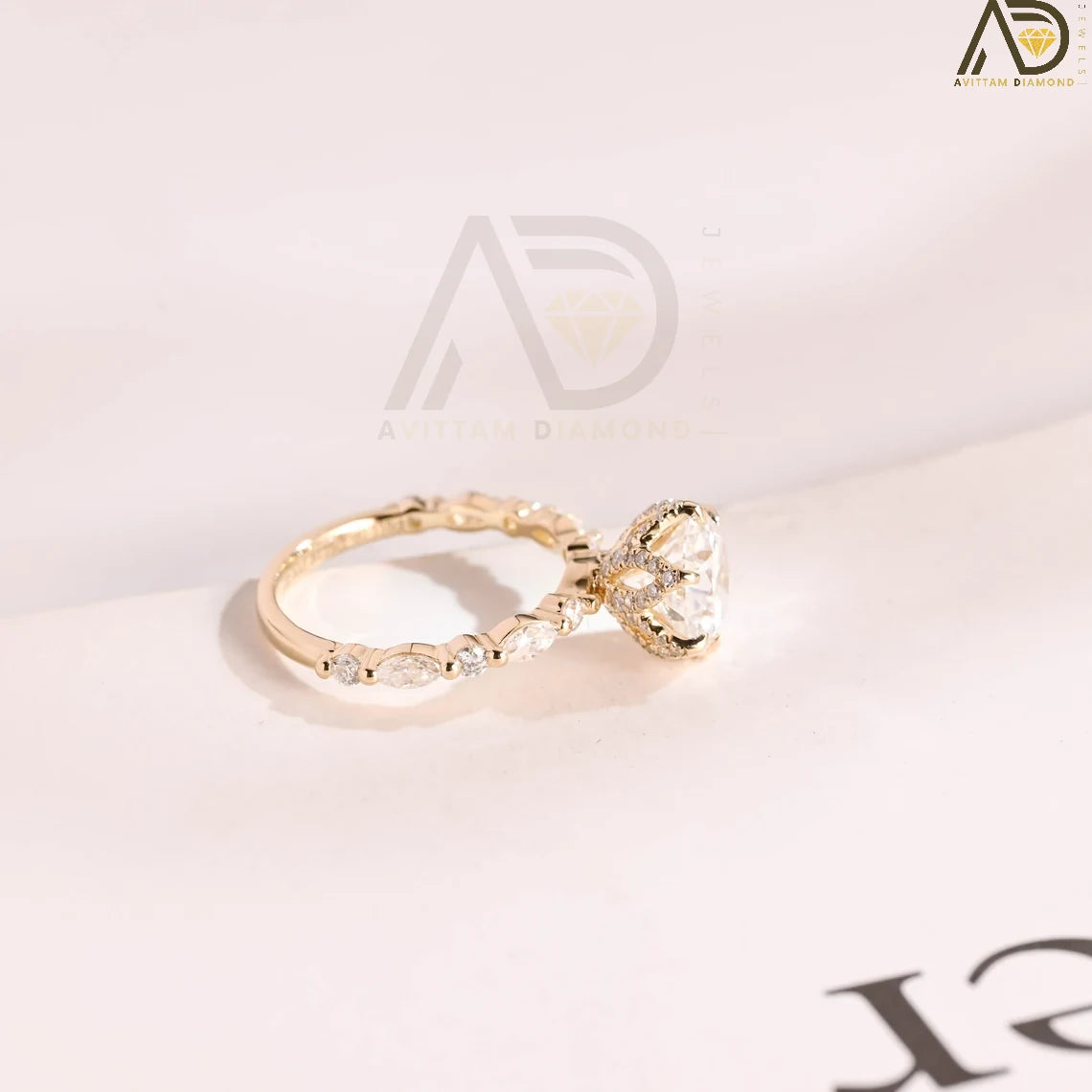 Flower Design Proposal Ring | 2CT Round Cut Moissanite | Solid Gold Band