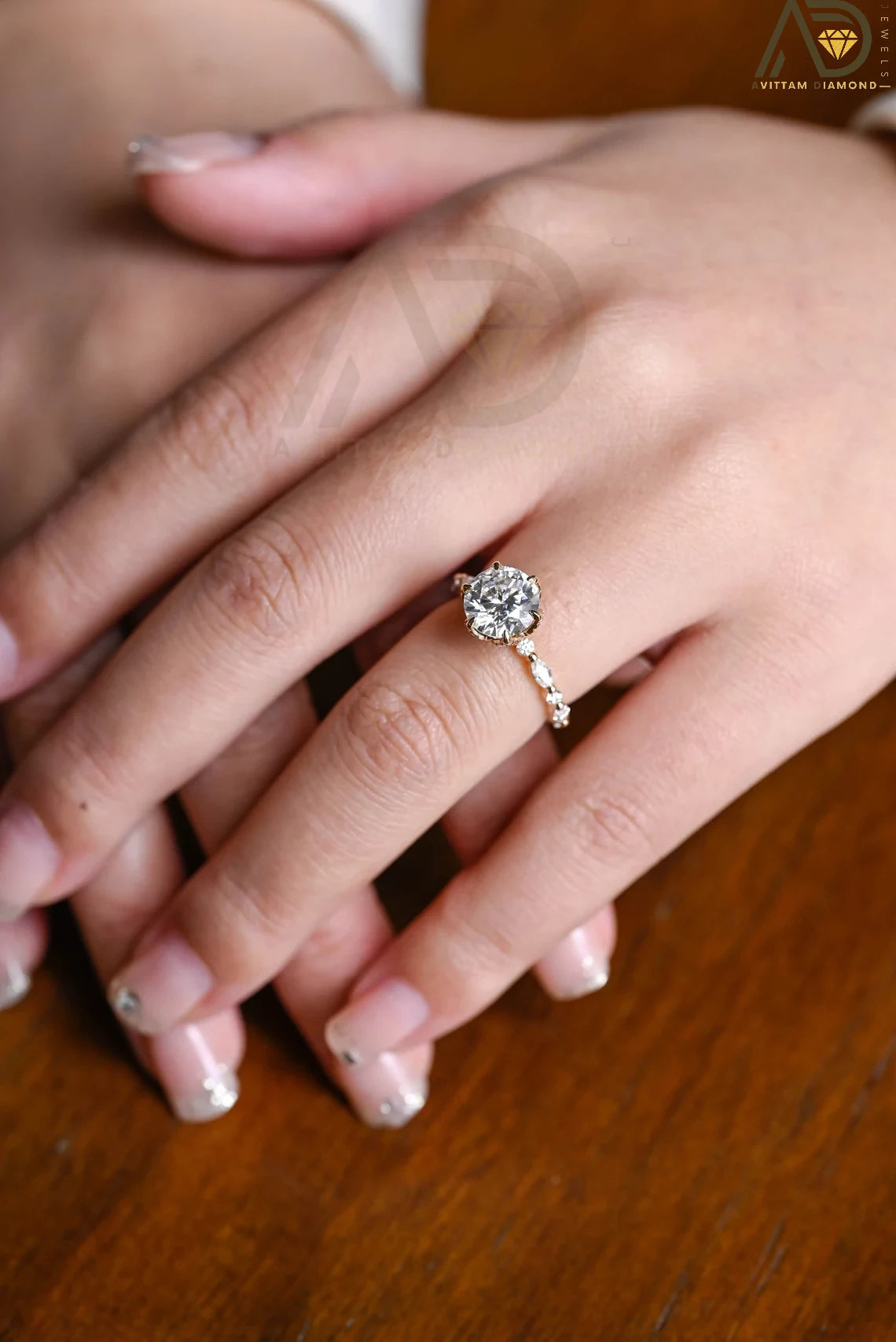 Round Cut Flower Ring | Elegant Gold Moissanite | Proposal Ring Idea