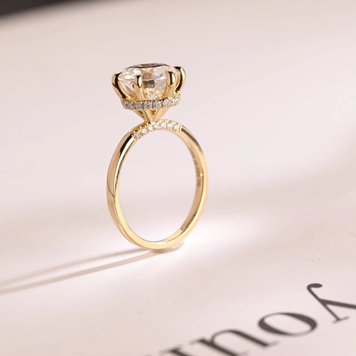 Round Cut Hidden Halo Ring | Solid Gold for Her | Elegant Gift