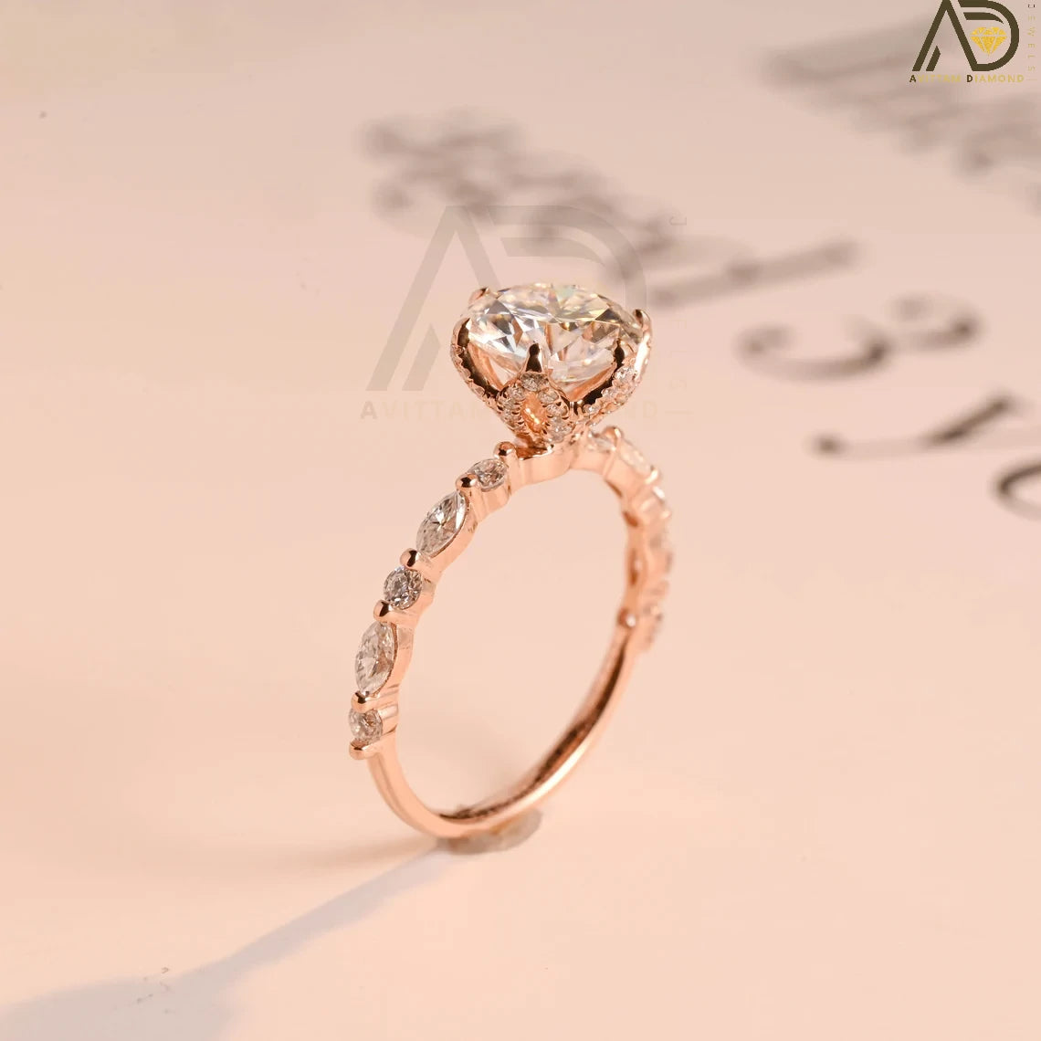 Floral Gold Engagement Band | 2CT Round Moissanite | Proposal Gift Her