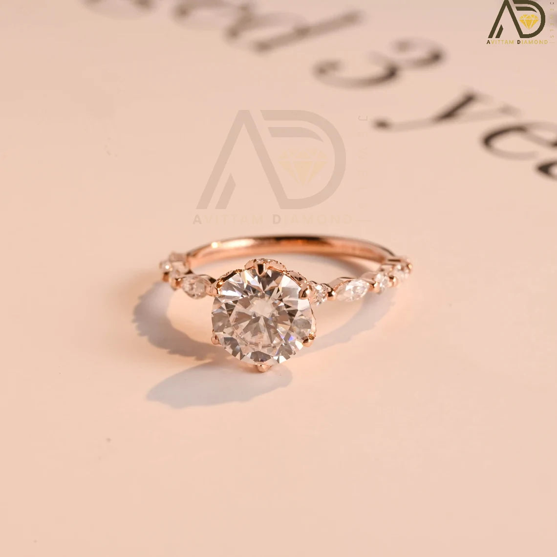 Solid Gold Moissanite Ring | 2CT Round Flower Cut | Pave Anniversary Ring