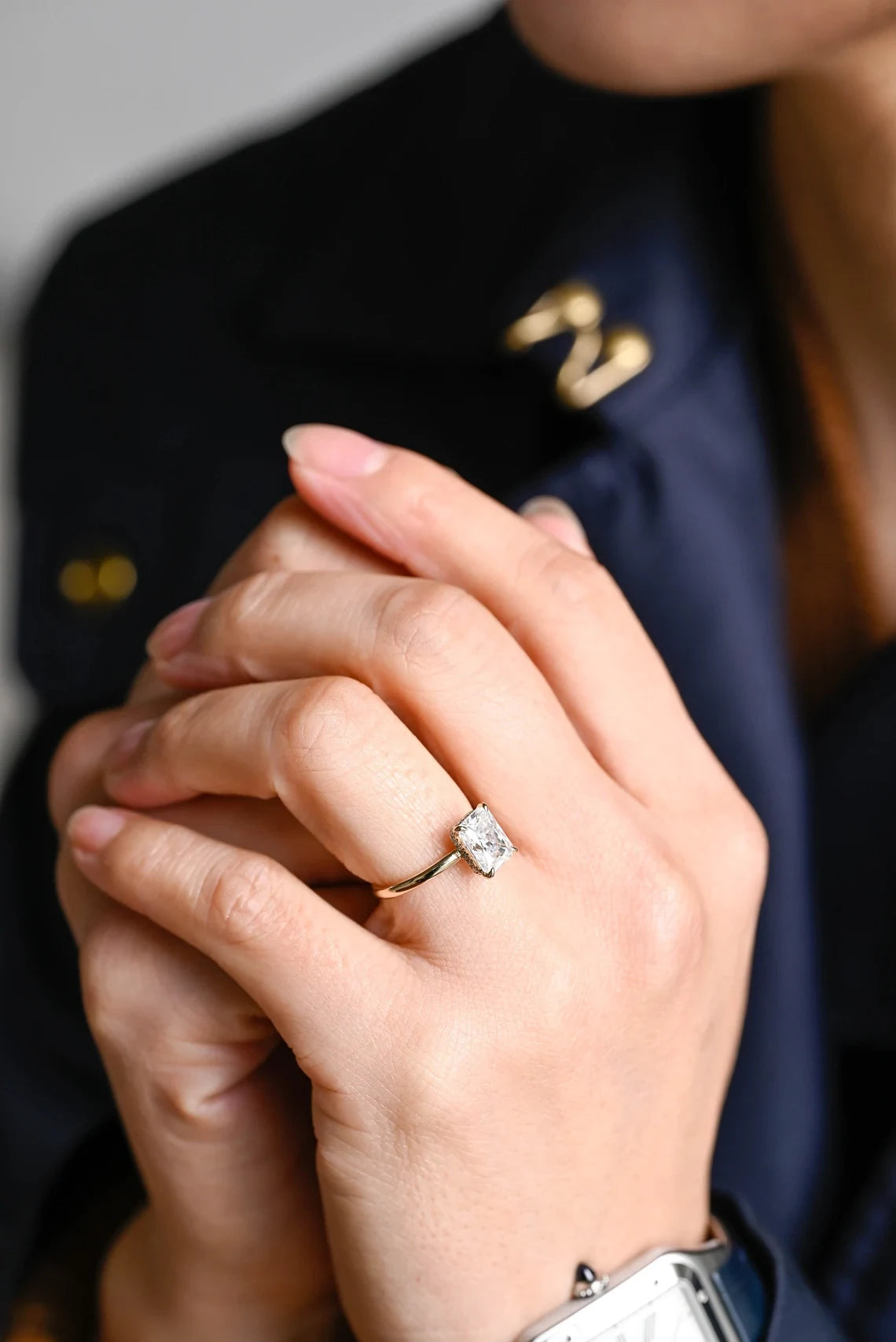 Two-tone radiant Moissanite ring with hidden halo in solid gold—perfect as a dainty promise, birthday, or anniversary gift for the woman you love.