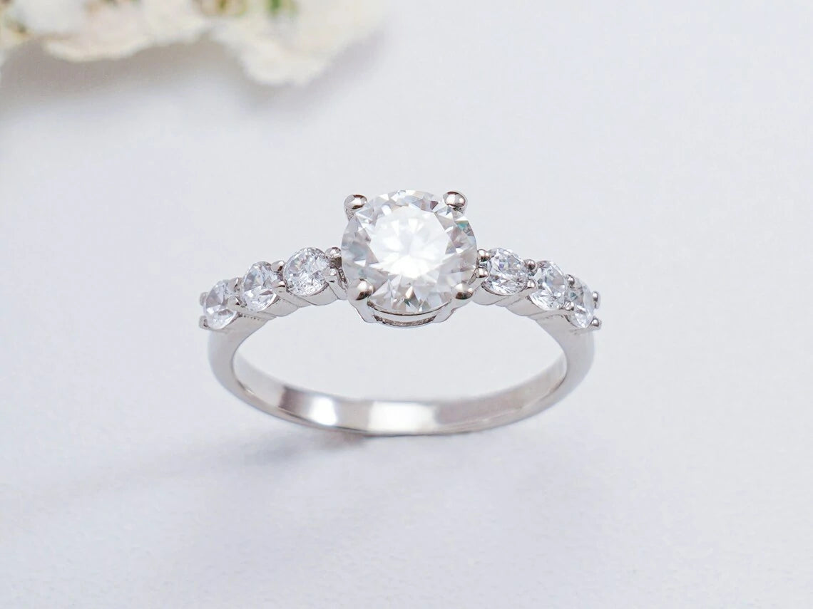 Half Pavé Beauty | Round Moissanite Shine | Gold Promise Ring