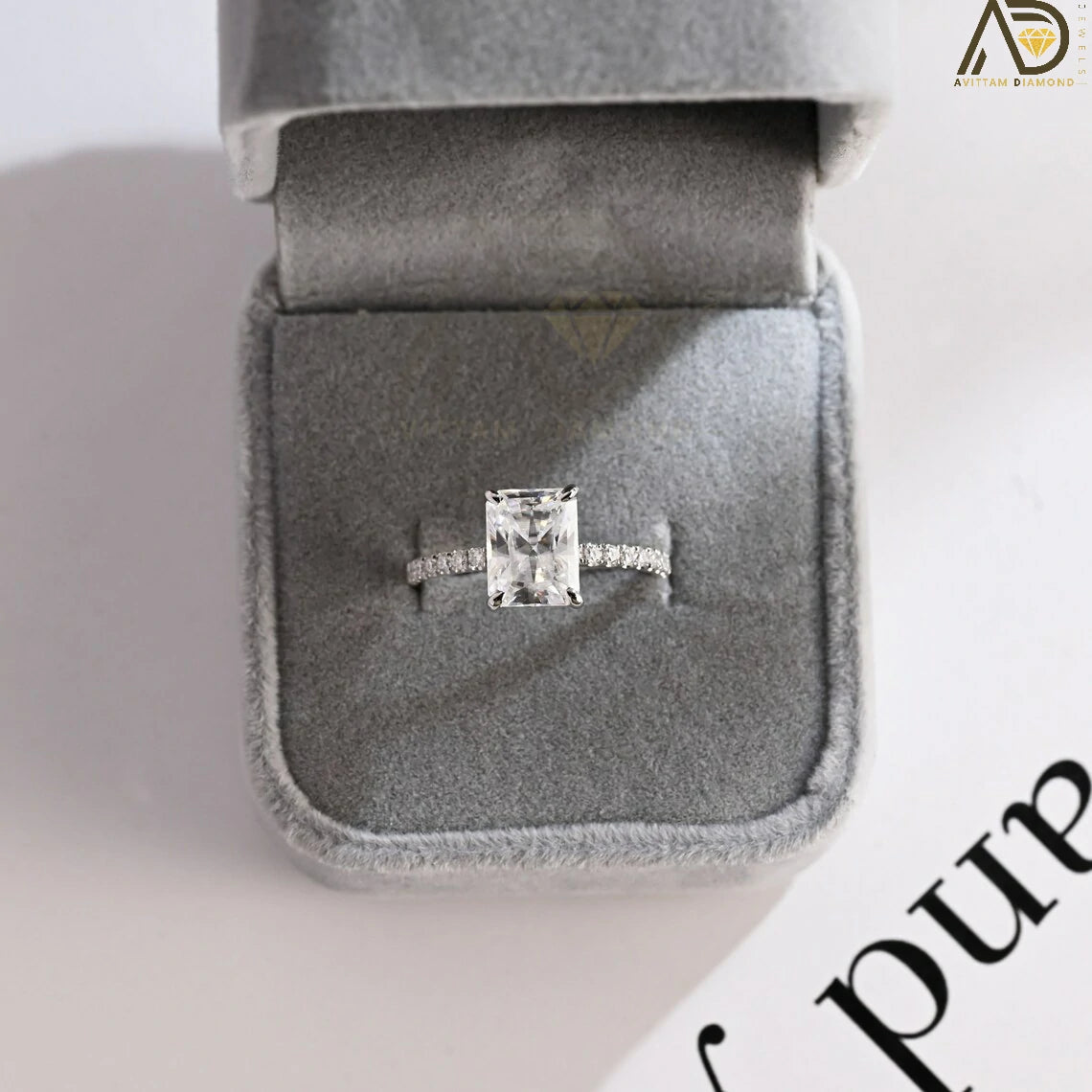 Emerald Cut Moissanite Ring | Half Pave Engagement Ring | Hidden Halo Moissanite Ring