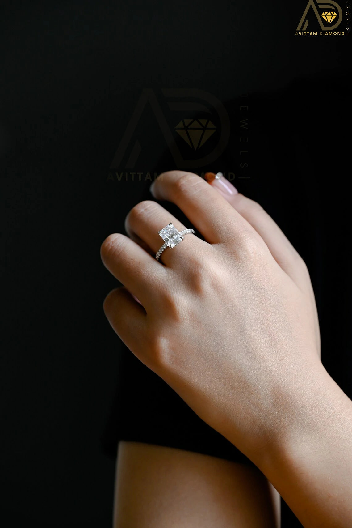 Stunning Half Pave Wedding Jewelry | Elegant Hidden Halo Anniversary Ring | Chic Emerald Cut Wedding Jewelry |