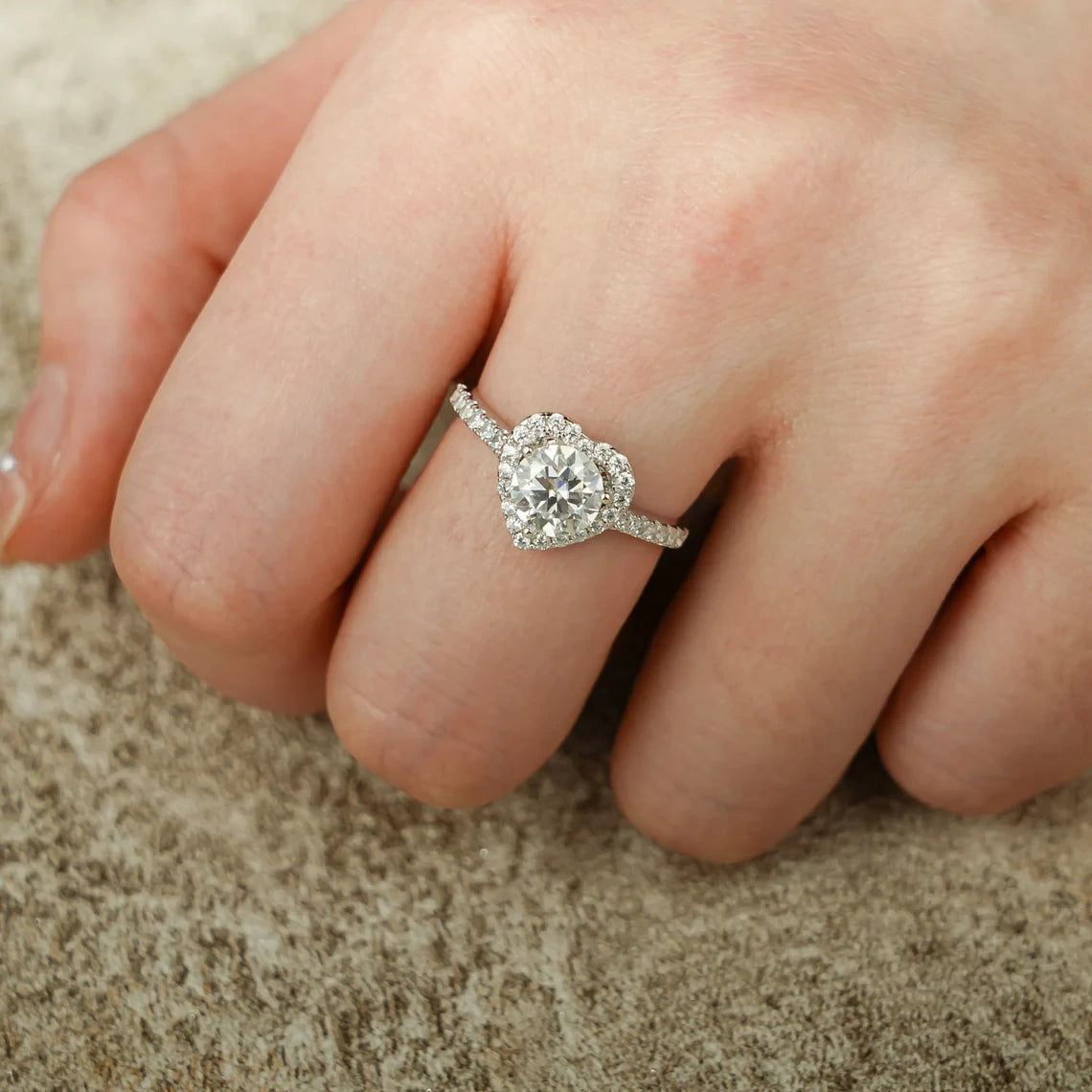 Engagement Ring with Halo | Heart Style Gold Setting | Gift for Her