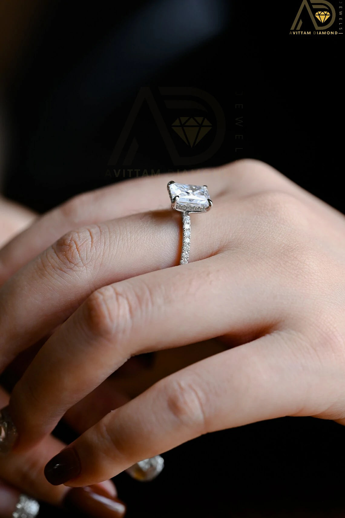 Stylish Moissanite Promise Ring | Unique Emerald Cut Jewelry | Stunning Hidden Halo Diamond Band