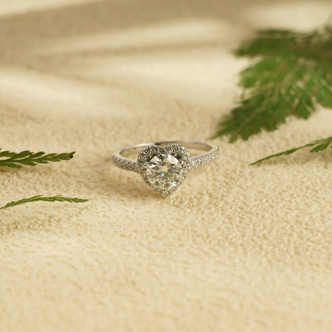 Solid Gold Moissanite Band | Heart Design Engagement | Dainty Halo Ring