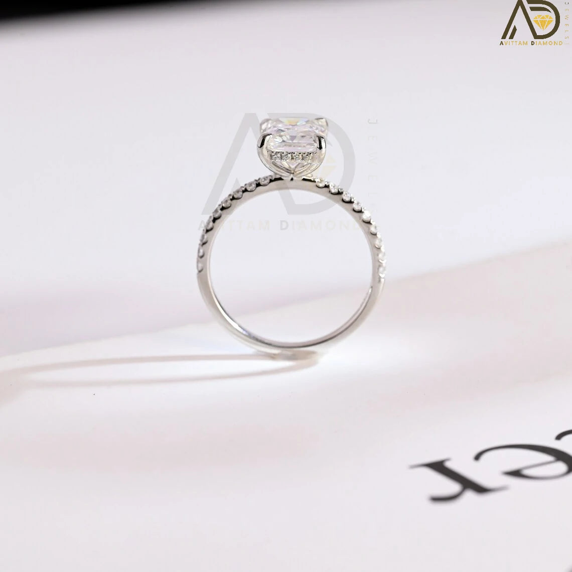 Timeless Hidden Halo Engagement Band | Dazzling Half Pave Anniversary Ring | Modern Emerald Cut Promise Ring
