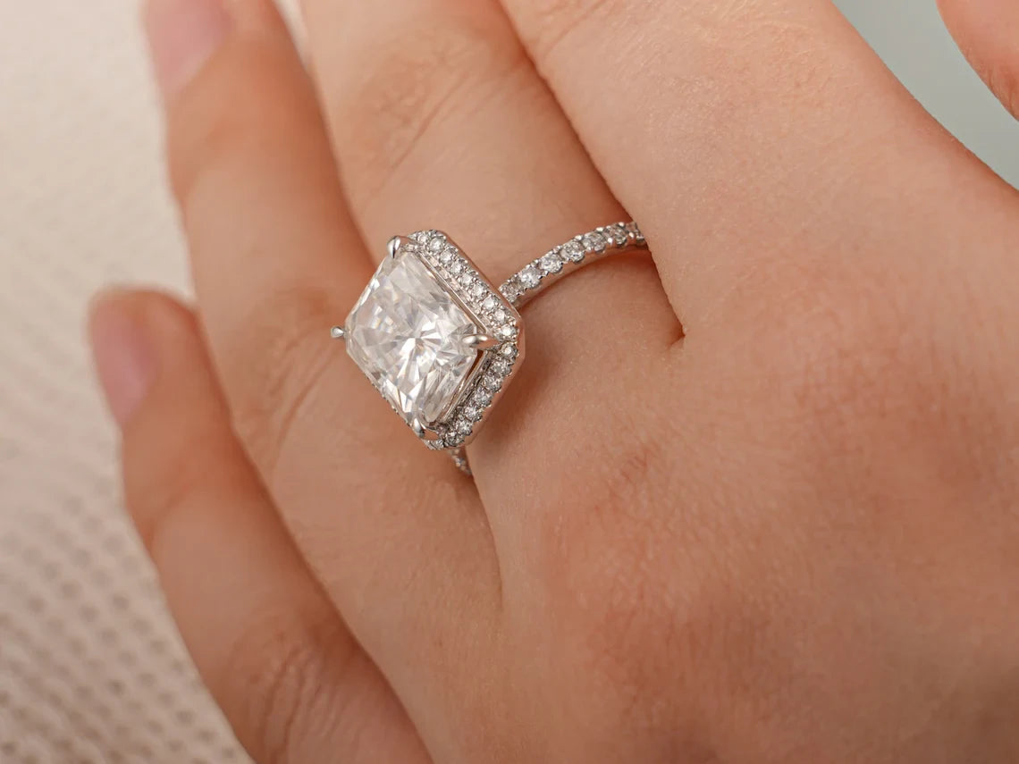 moissanite ring with diamonds | radiant cut promise ring | radiant cut bridal set