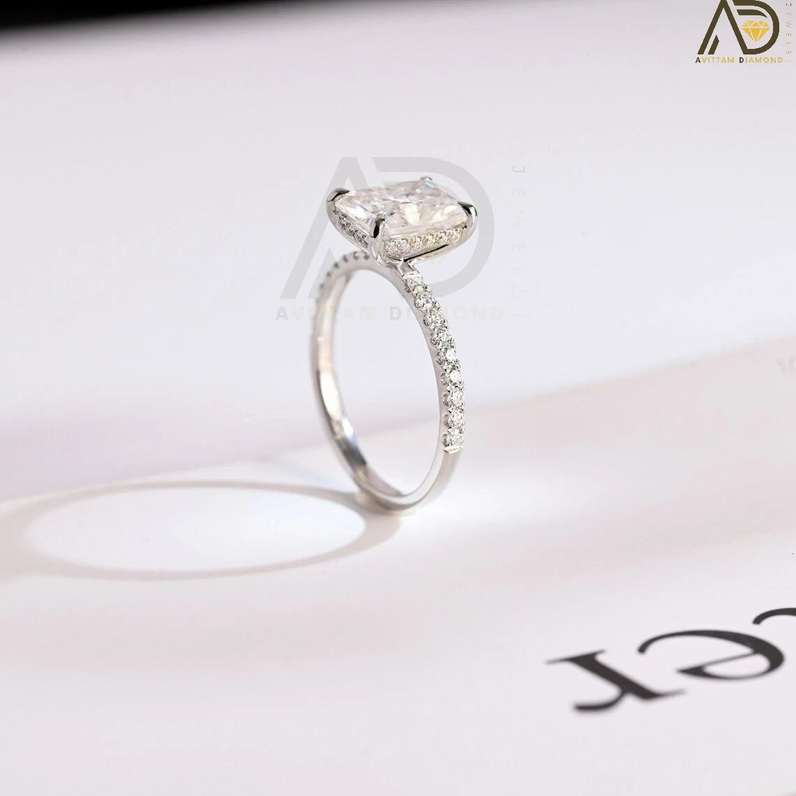 Beautiful Emerald Cut Engagement Band | Unique Moissanite Anniversary Gift | Stylish Hidden Halo Diamond Band
