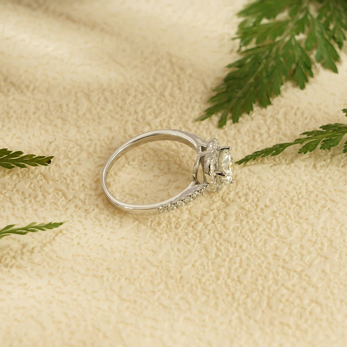 Round Center Moissanite Ring | Pave Solid Gold Band | Romantic Proposal