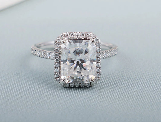 radiant cut moissanite ring | white gold engagement ring | moissanite halo ring