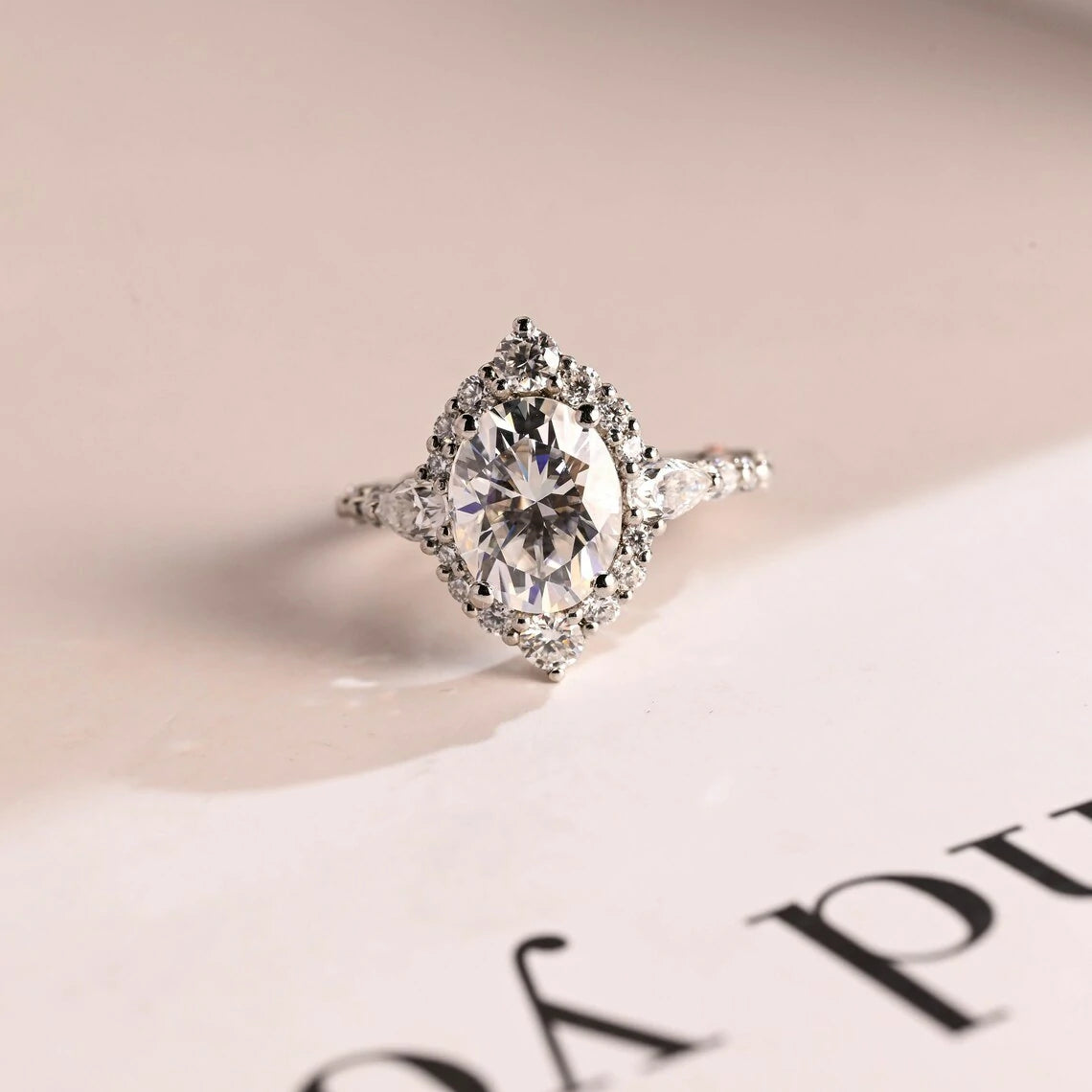 oval moissanite ring | white gold engagement ring | marquise halo ring