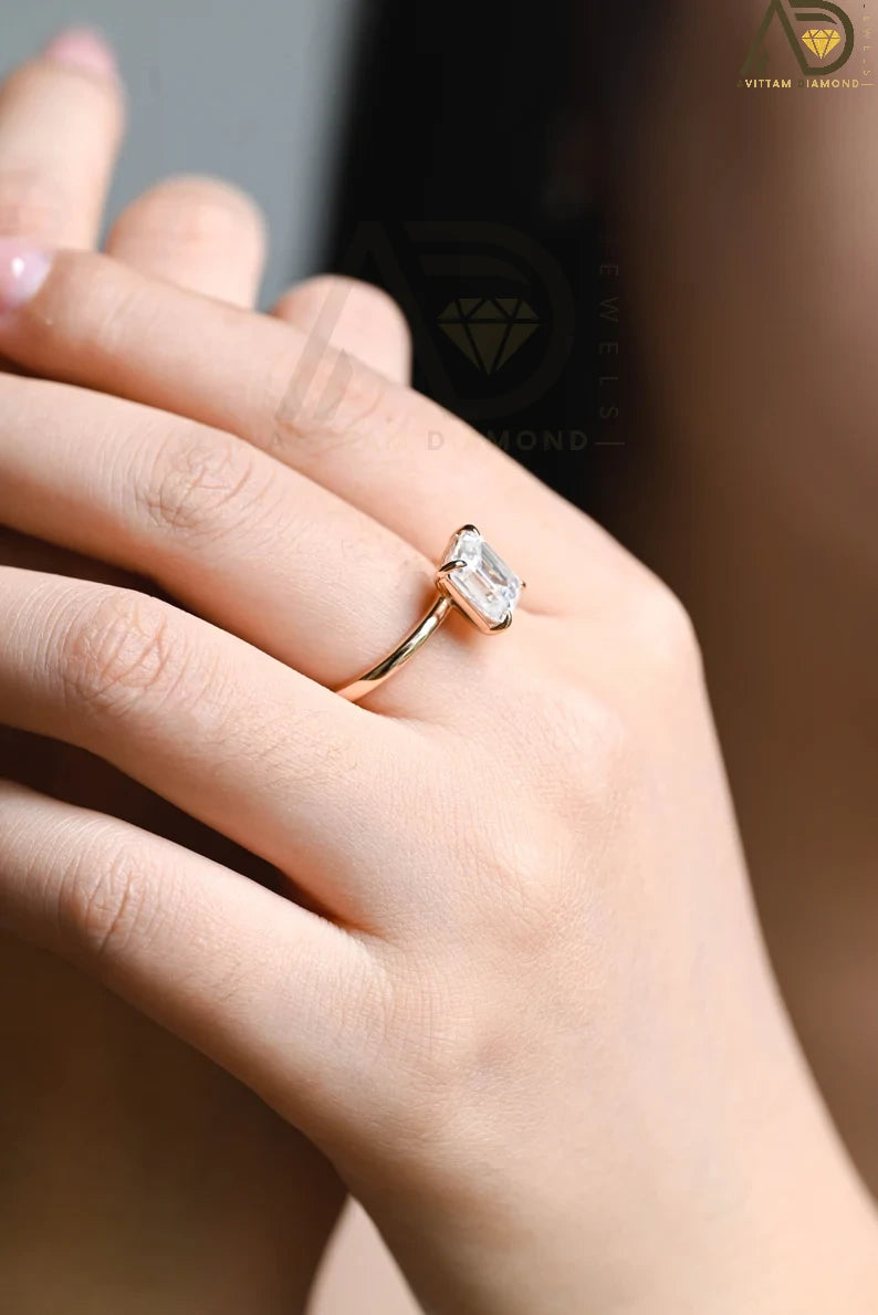 Radiant Rose Gold Anniversary Band | Chic Emerald Cut Diamond Jewelry | Unique Solid Gold Proposal Ring