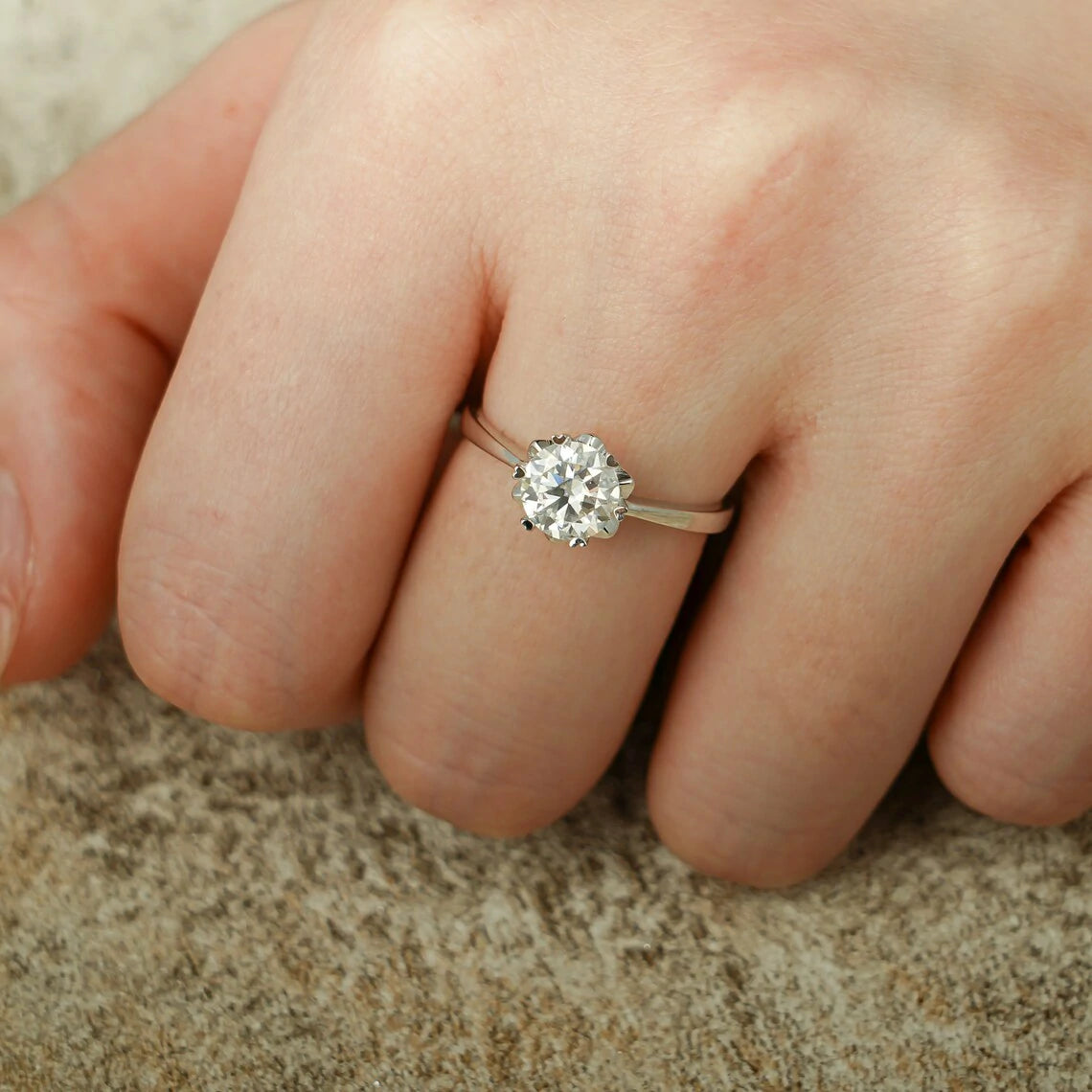 Elegant Floral Gold Ring | Round Moissanite Stone | Handmade Band