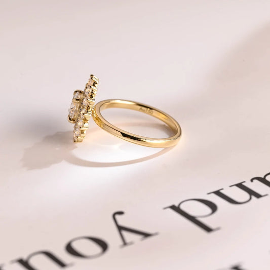 Sunflower Bloom Ring | Dainty Round Sparkle | Gold Engagement