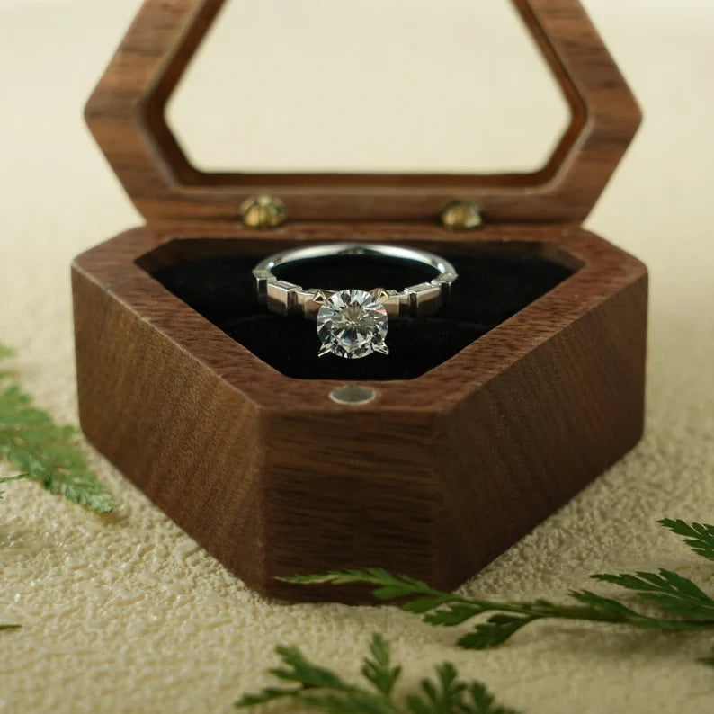 Round Moissanite Gold Ring | Square Pave Band Design | Gift for Her