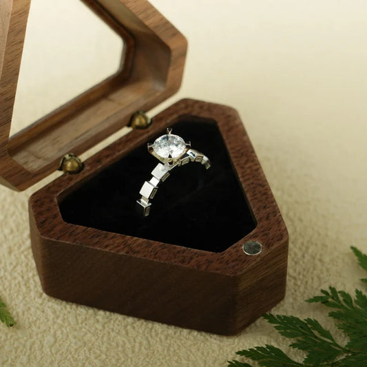 Round Moissanite Gold Ring | Square Pave Band Design | Gift for Her