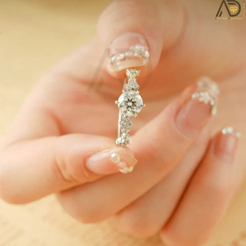 Round Cut Bridal Ring | Half Pave Wedding Band | Gold Moissanite