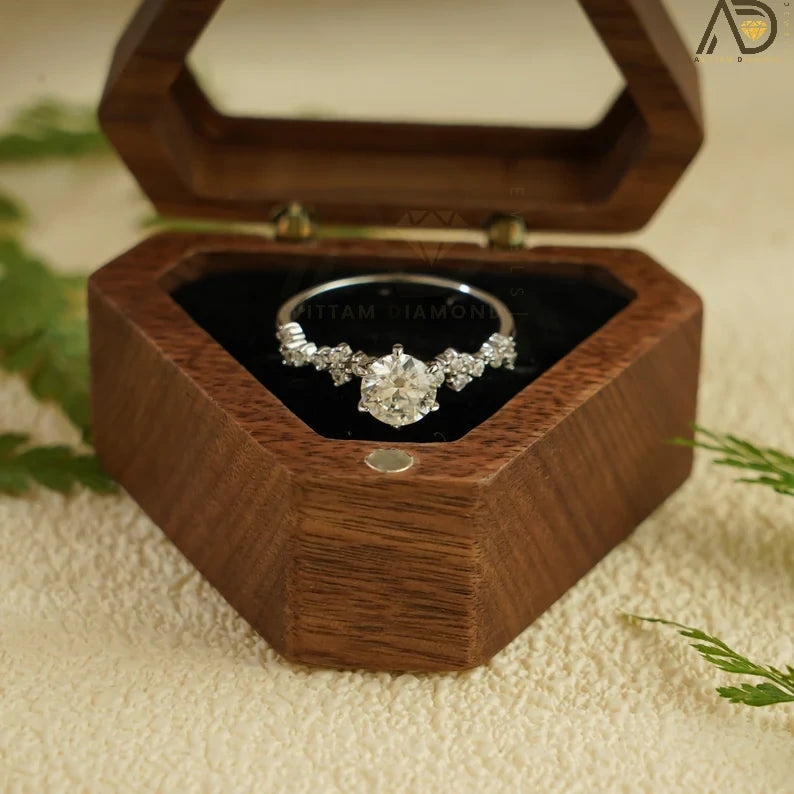 Round Cut Moissanite | Half Pave Gold Band | Engagement Jewelry