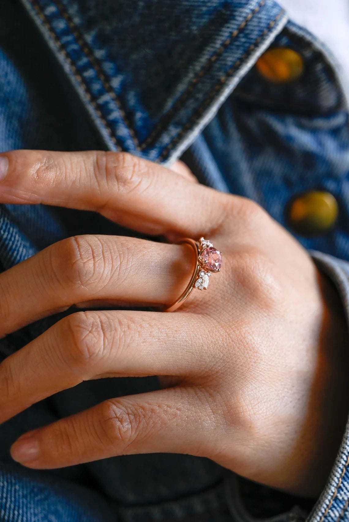 Promise Ring for Women | Pink Sapphire Love | Gold Tulip Band