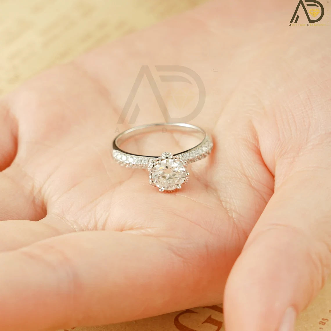 Half Pave Gold Ring | Unique Engagement Ring | Moissanite Band