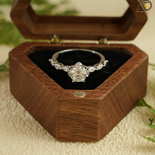 Round Moissanite Ring | Marquise Pave Band | Solid Gold Jewelry